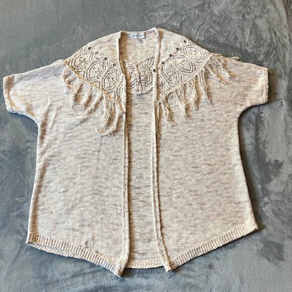 Knox Rose Short Sleeve Open Front Pointelle Knit Fringe Cardigan Size M Boho - Picture 1 of 10